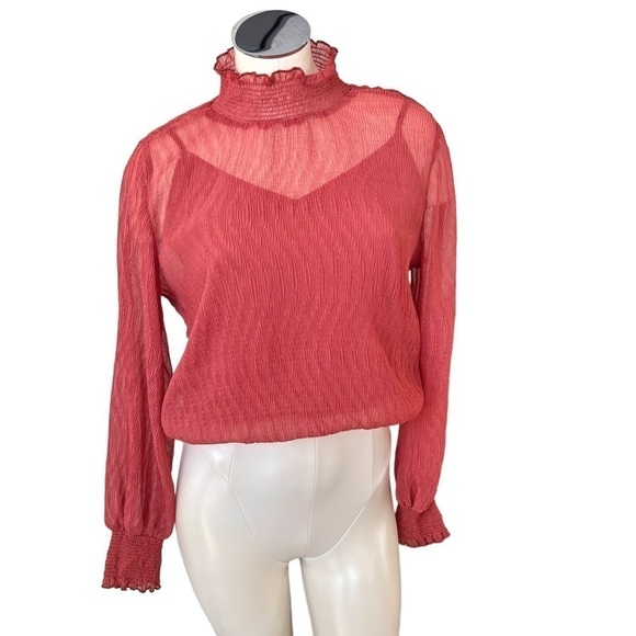 BY TOGETHER Sheer Chiffon Ruffle Mock Neck Long Sleeve Deep Orange Top Size S - Picture 2 of 14